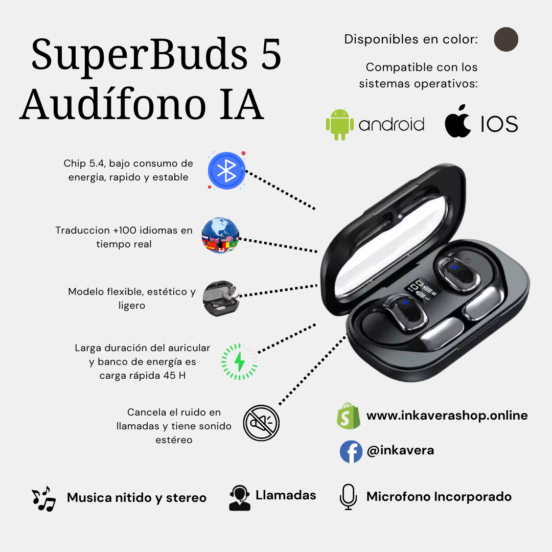 "SuperBuds4 ~ 3 en 1 ~ Audífono para Música🎶, Llamadas 📲 y Traductor en Tiempo Real🌐"